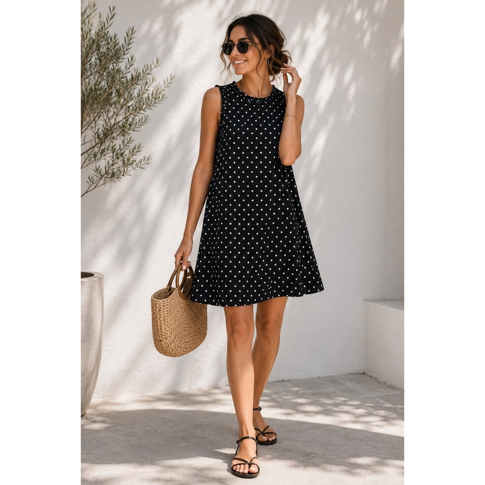 Katherine Barclay Polka Dot Ruffle Neck Sleeveless Shift Dress Black White 4